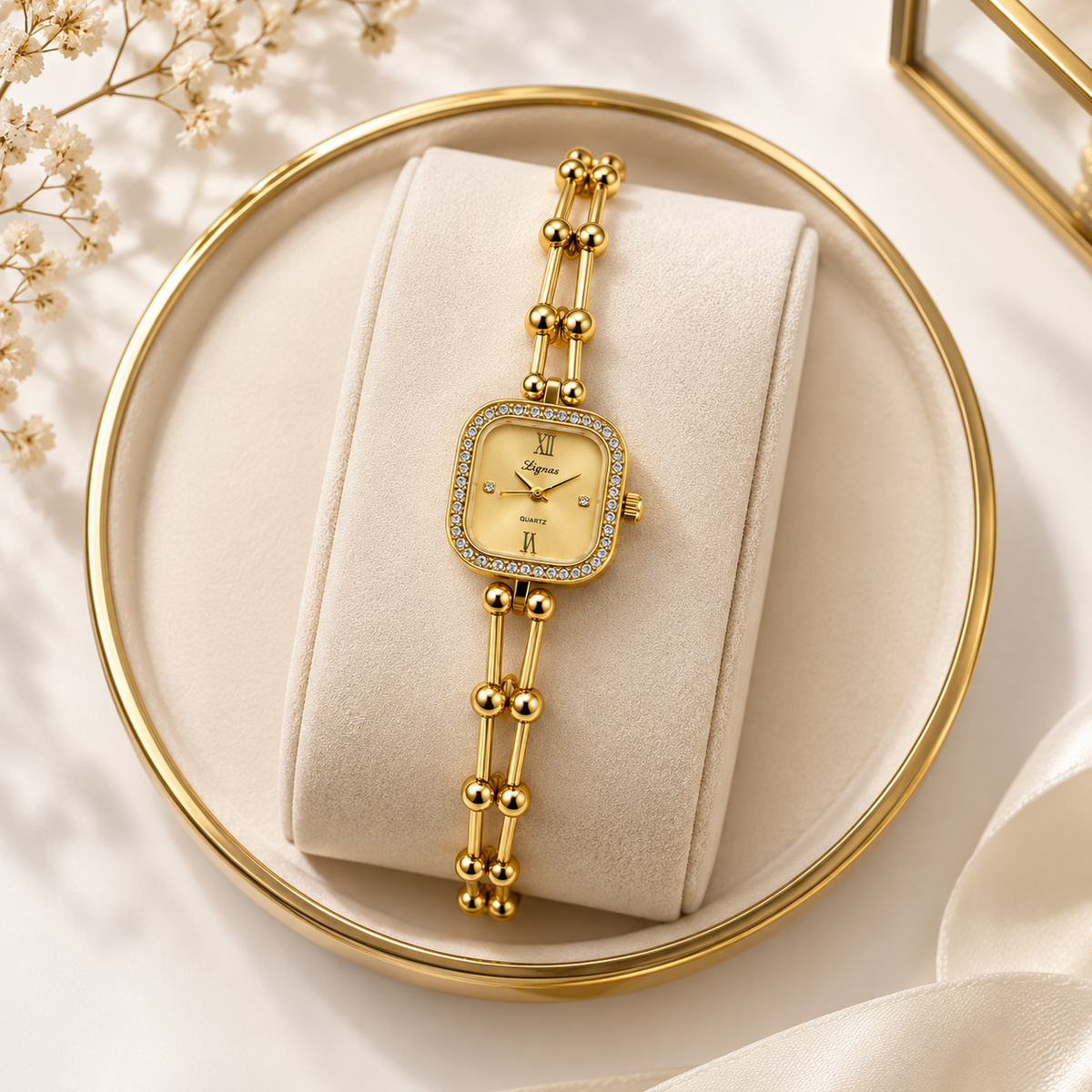 Élan Golden Pearl Link Watch for Women – Luxury Gold-Tone Bracelet with Champagne Dial & Crystal Detailing
