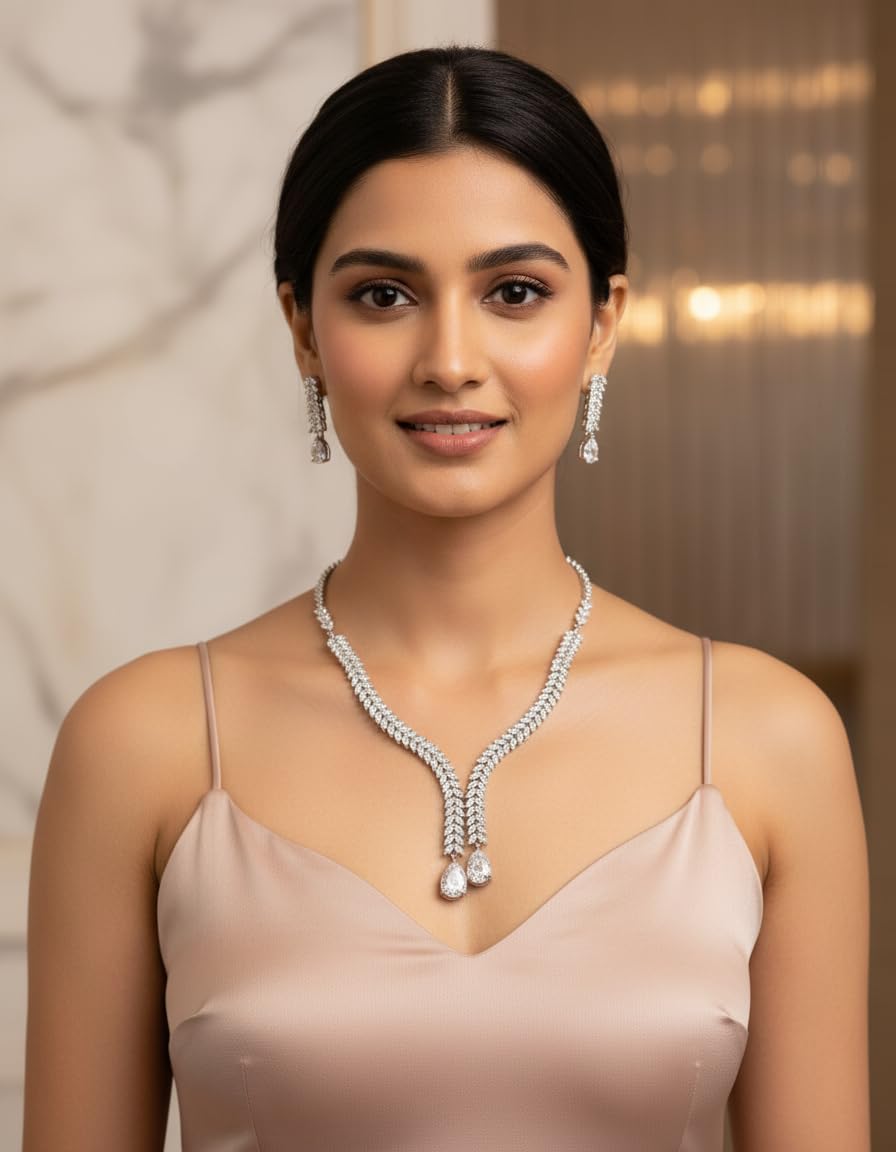 WomenSky Premium AD Diamond Necklace Set for Women | American Diamond Bridal Jewellery Set with Earrings | Wedding Special Choker Necklace