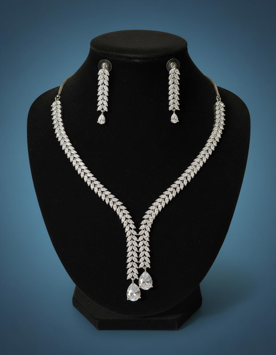 WomenSky Premium AD Diamond Necklace Set for Women | American Diamond Bridal Jewellery Set with Earrings | Wedding Special Choker Necklace