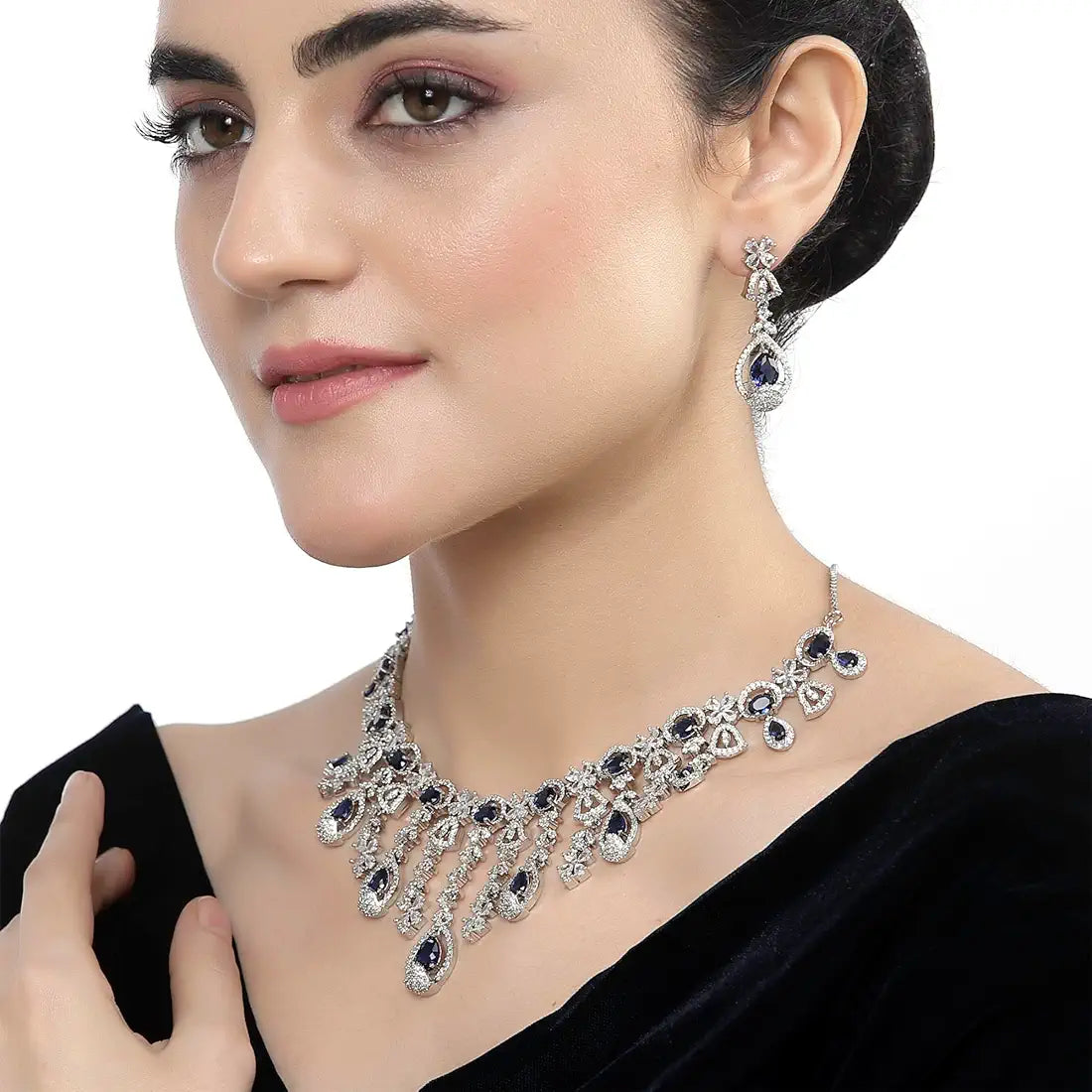 ZENEME Rhodium-Plated Silver-Toned Emerald-Cut American Diamond Floral Link Necklace Set with Pear Drop Earrings for Women & Girls