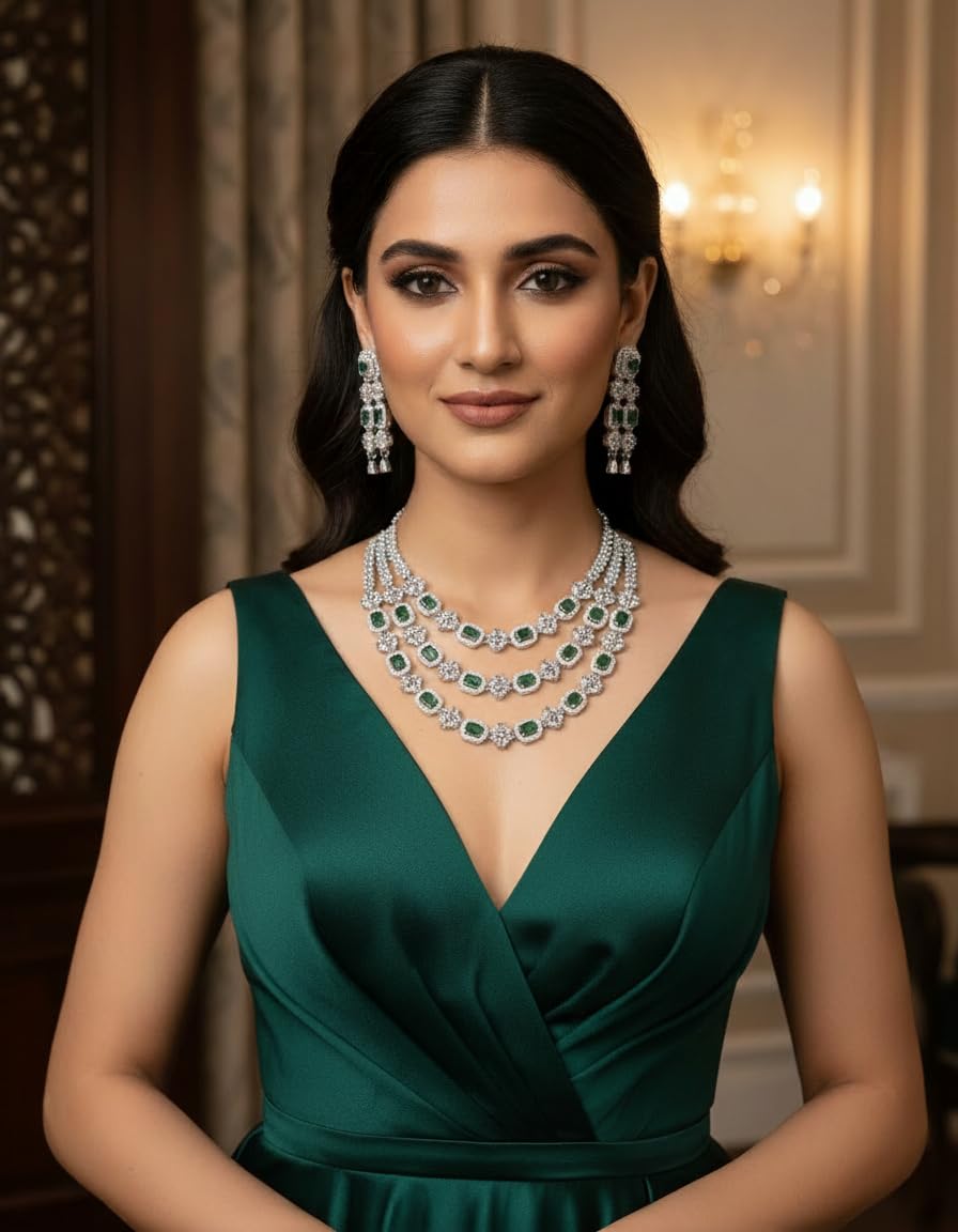 WomenSky Premium AD Diamond Necklace Set for Women