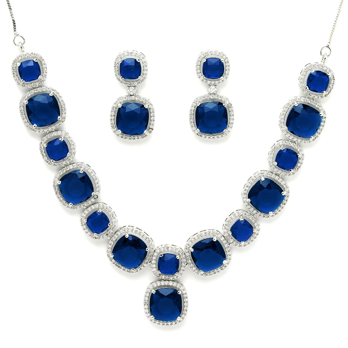 Karatcart Elegant Silver Plated Blue American Diamond Necklace Set for Women