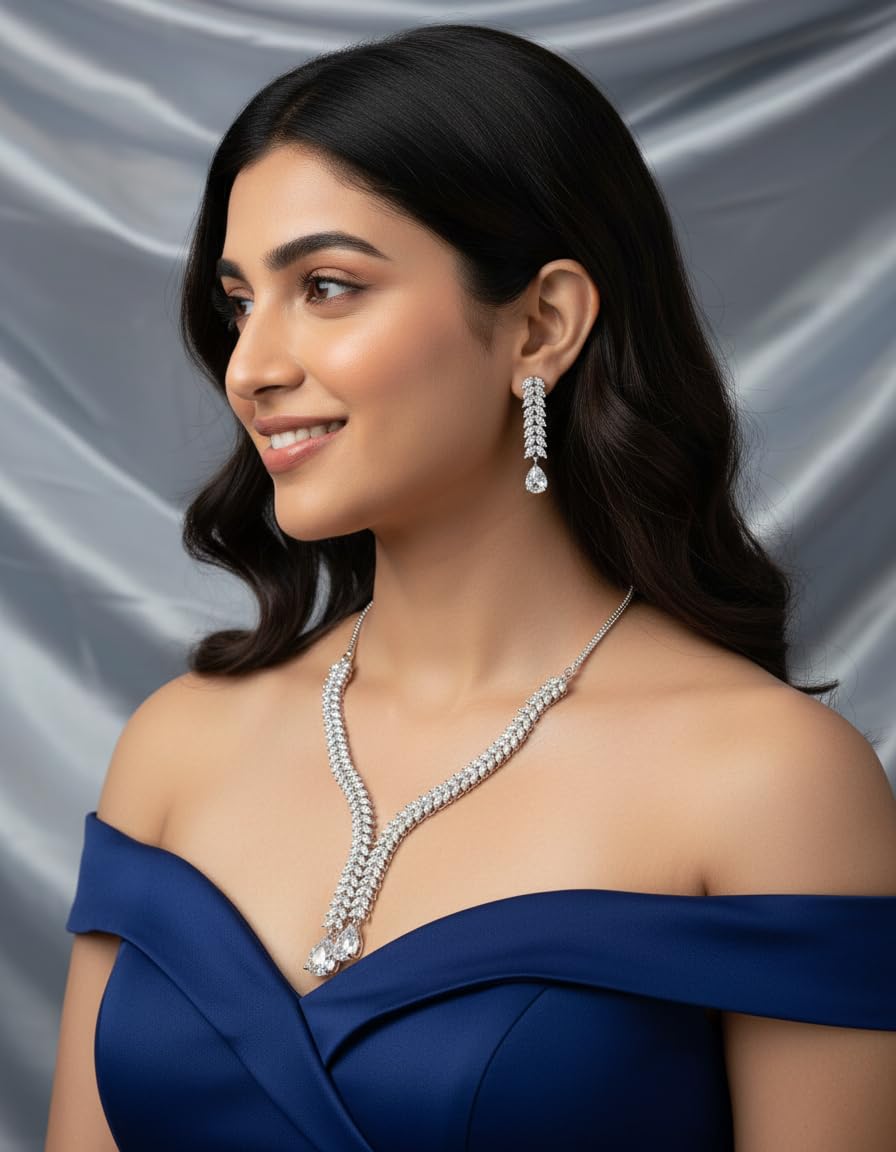 WomenSky Premium AD Diamond Necklace Set for Women | American Diamond Bridal Jewellery Set with Earrings | Wedding Special Choker Necklace