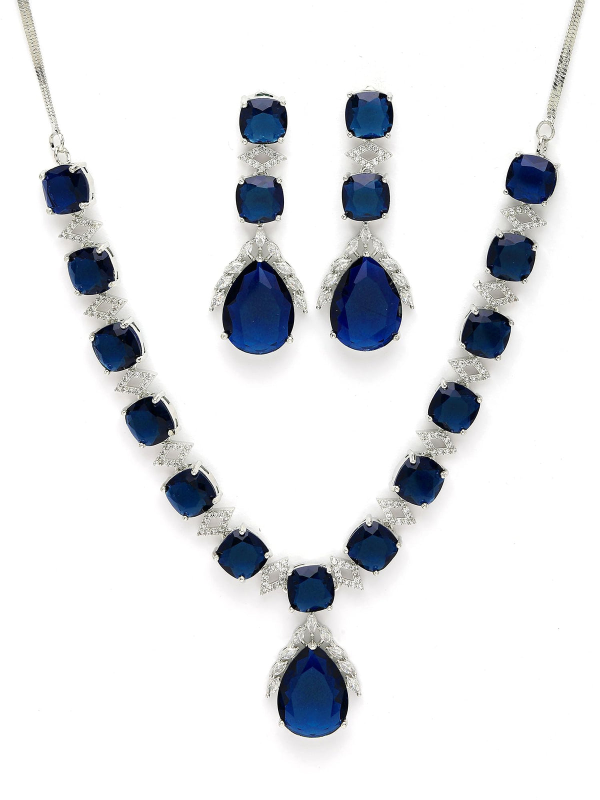 Karatcart Elegant Silver Plated Blue American Diamond Necklace Set for Women