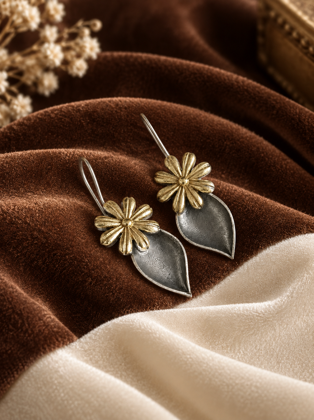Oxidised Leaf Petal Drop Earrings