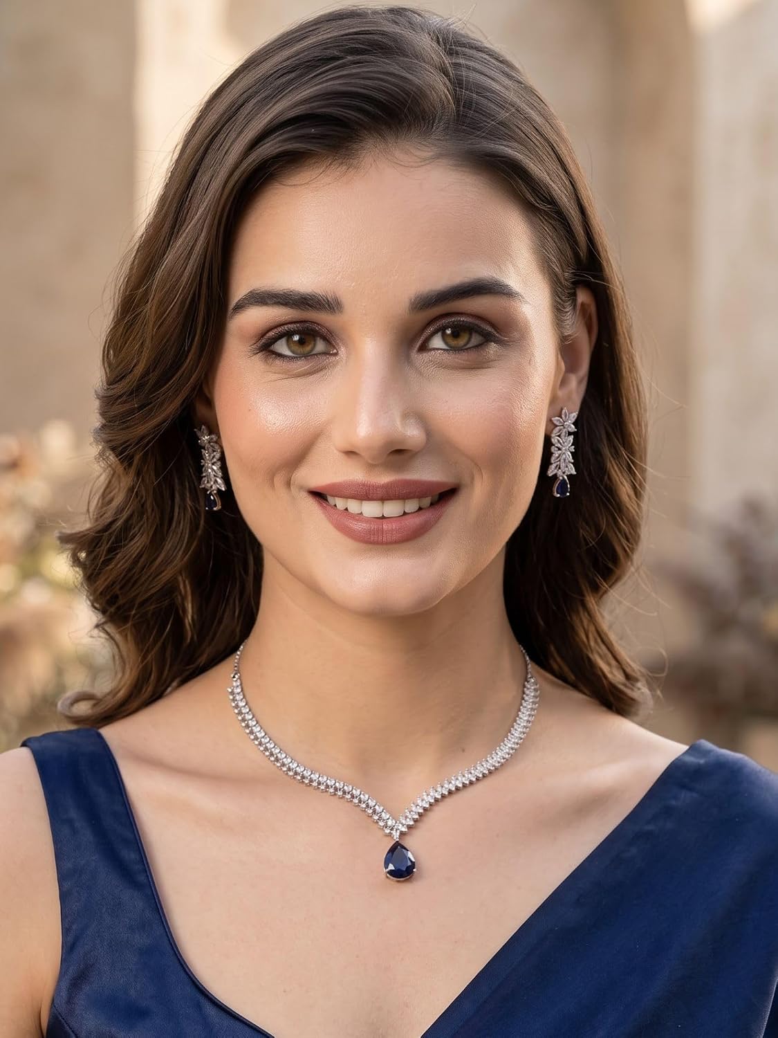 Karatcart Elegant Silver Plated Blue American Diamond Necklace Set for Women