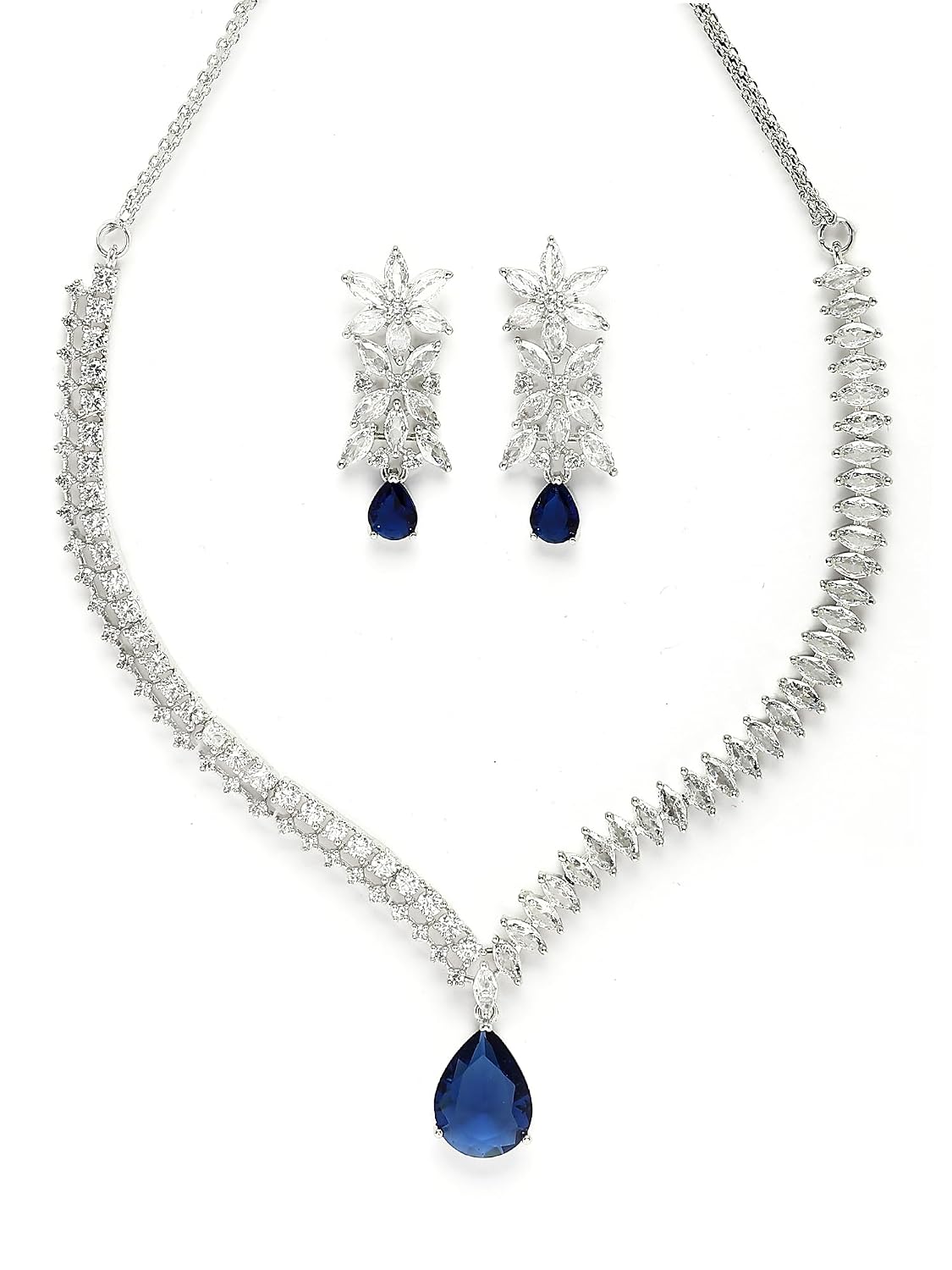 Karatcart Elegant Silver Plated Blue American Diamond Necklace Set for Women