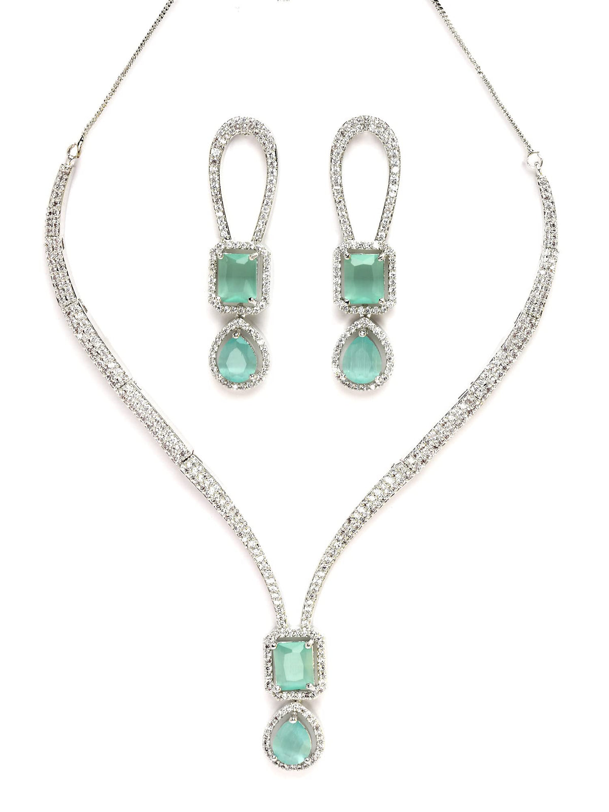 Karatcart Elegant Silver Plated Blue American Diamond Necklace Set for Women