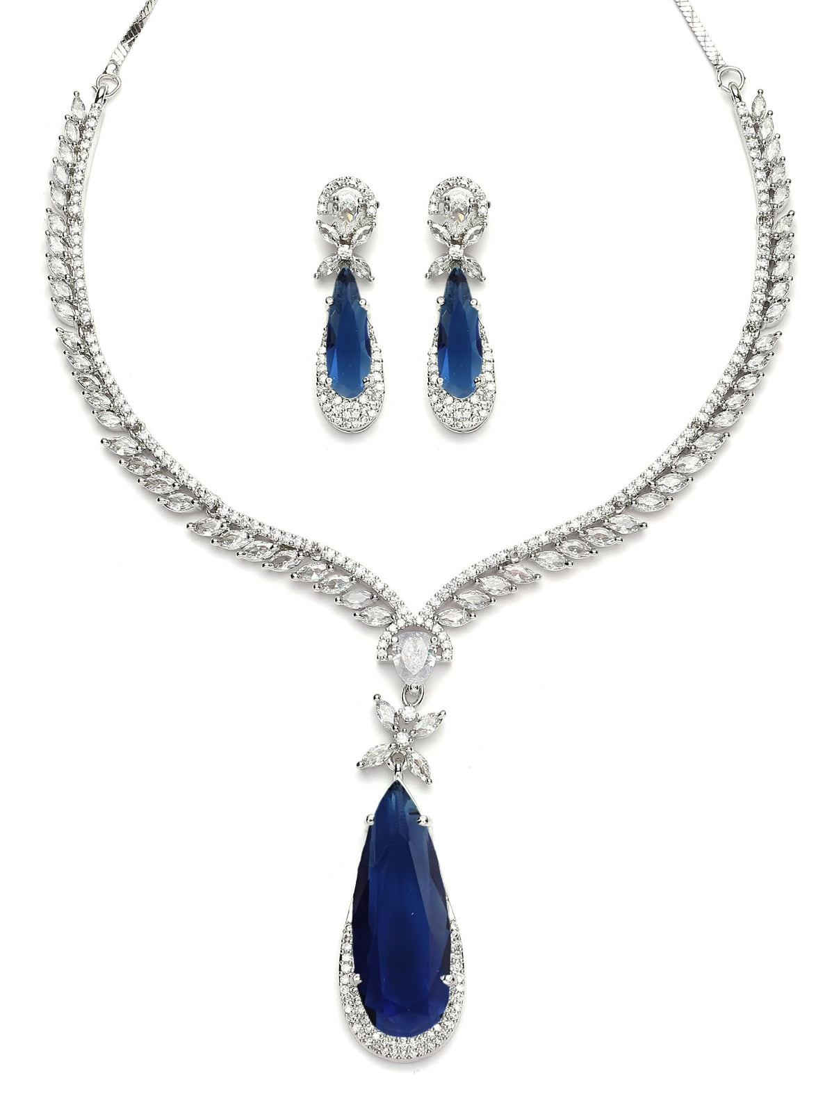 Karatcart Elegant Silver Plated Blue American Diamond Necklace Set for Women
