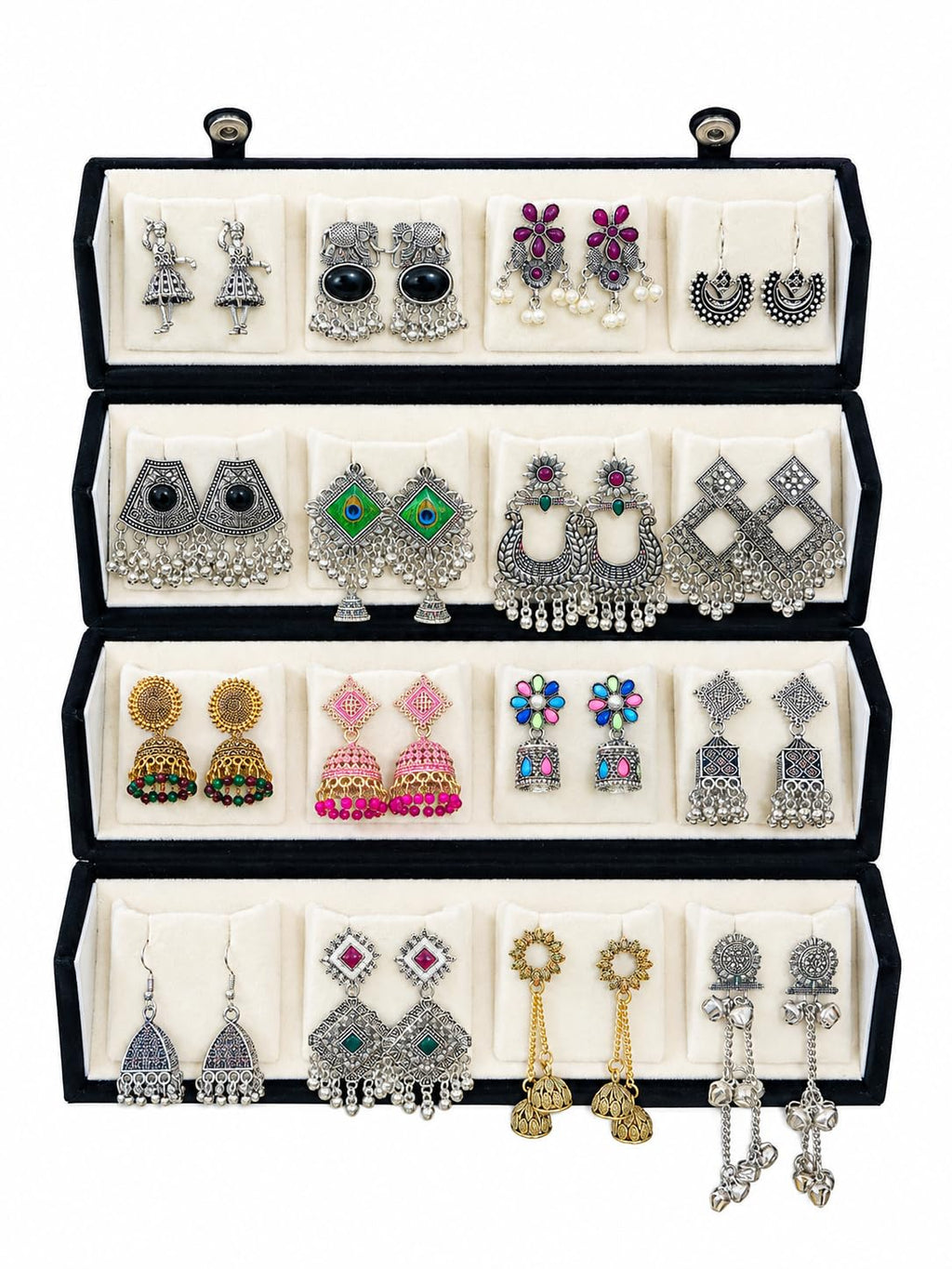 Set of 16 Oxidised Silver Jhumka Earrings for Women | Traditional Ethnic Jhumki, Chandbali & Stud Combo | Festive Wedding Jewellery Gift Hamper with Velvet Storage Box | 16 Pair Jhumka With Premium Box