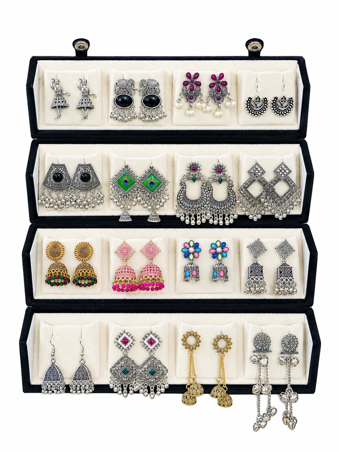 Set of 16 Oxidised Silver Jhumka Earrings for Women | Traditional Ethnic Jhumki, Chandbali & Stud Combo | Festive Wedding Jewellery Gift Hamper with Velvet Storage Box | 16 Pair Jhumka With Premium Box