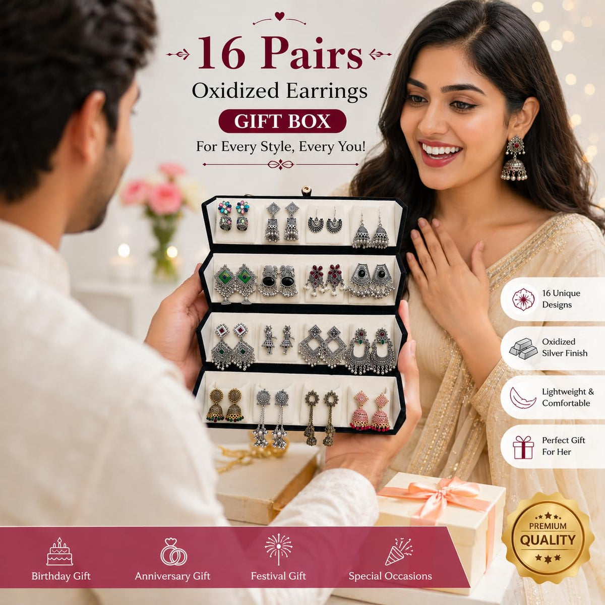 Set of 16 Oxidised Silver Jhumka Earrings for Women | Traditional Ethnic Jhumki, Chandbali & Stud Combo | Festive Wedding Jewellery Gift Hamper with Velvet Storage Box | 16 Pair Jhumka With Premium Box