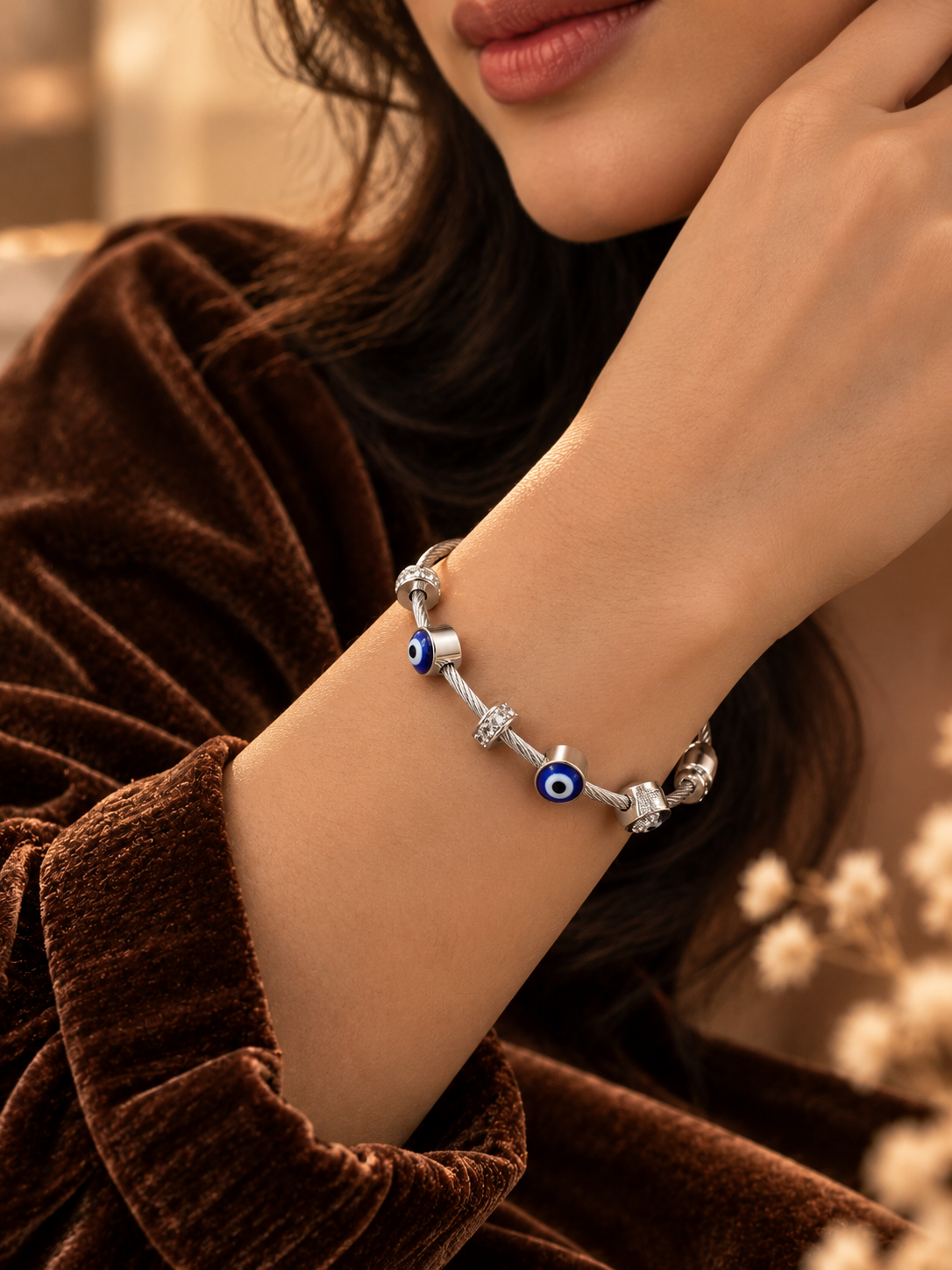 Evil Eye Diamond Silver Kada Bracelet for Women