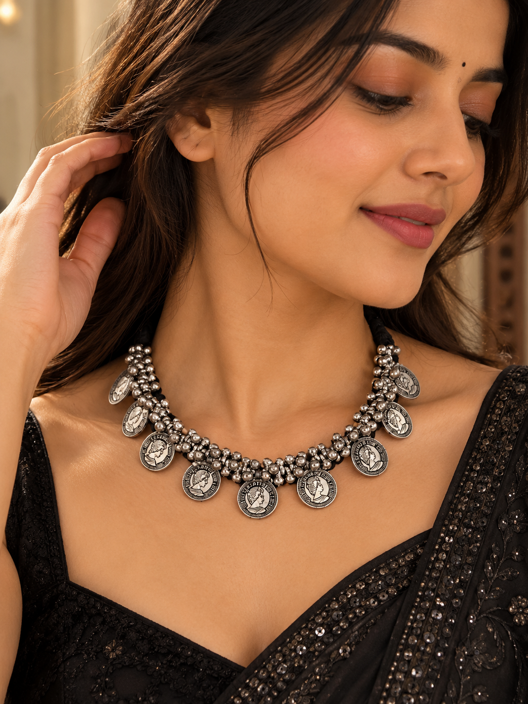 Charm Coin Necklace Set – Antique Oxidised Silver Coin Necklace