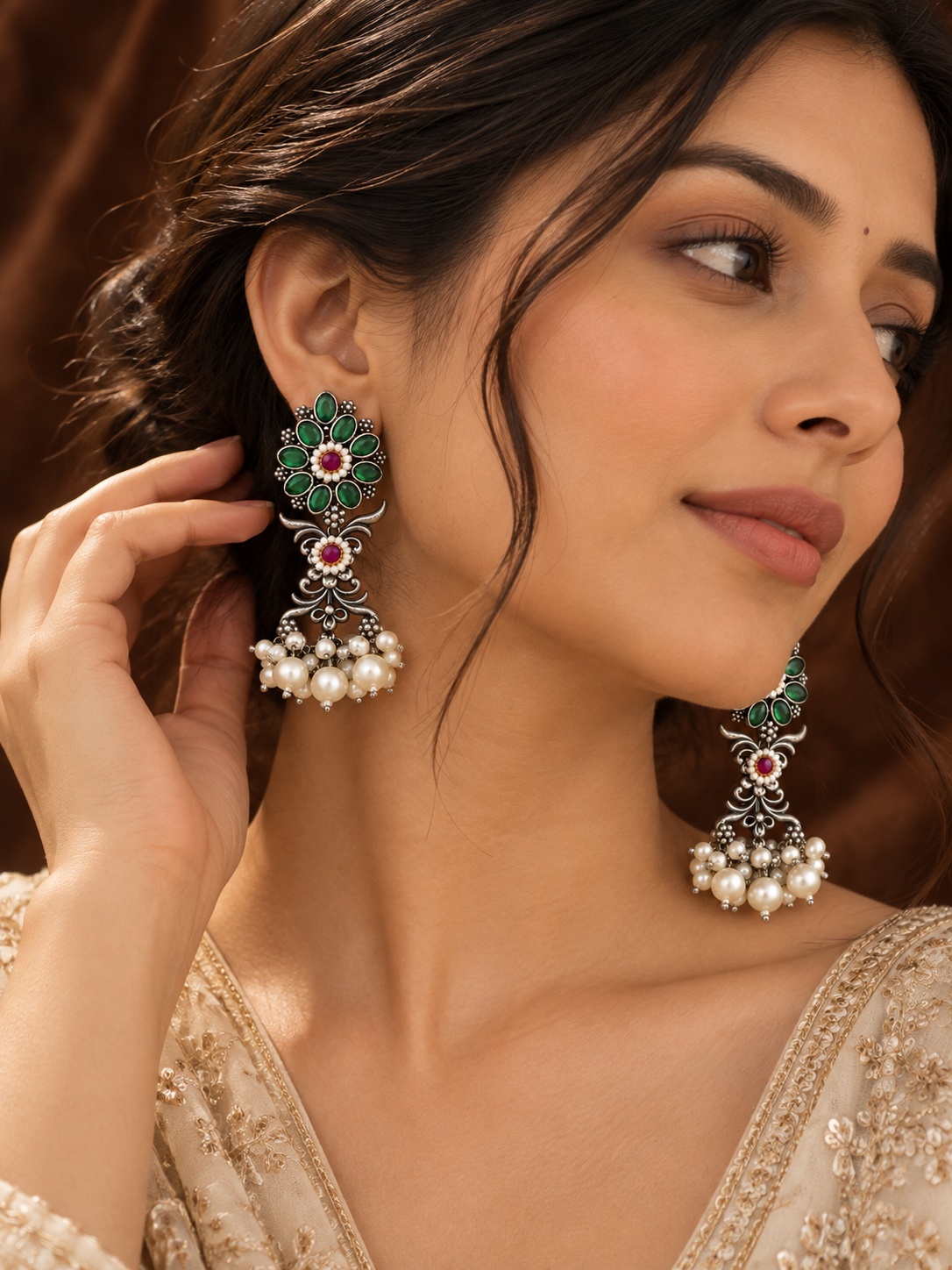 Green & Cherry Dual Tone Earring