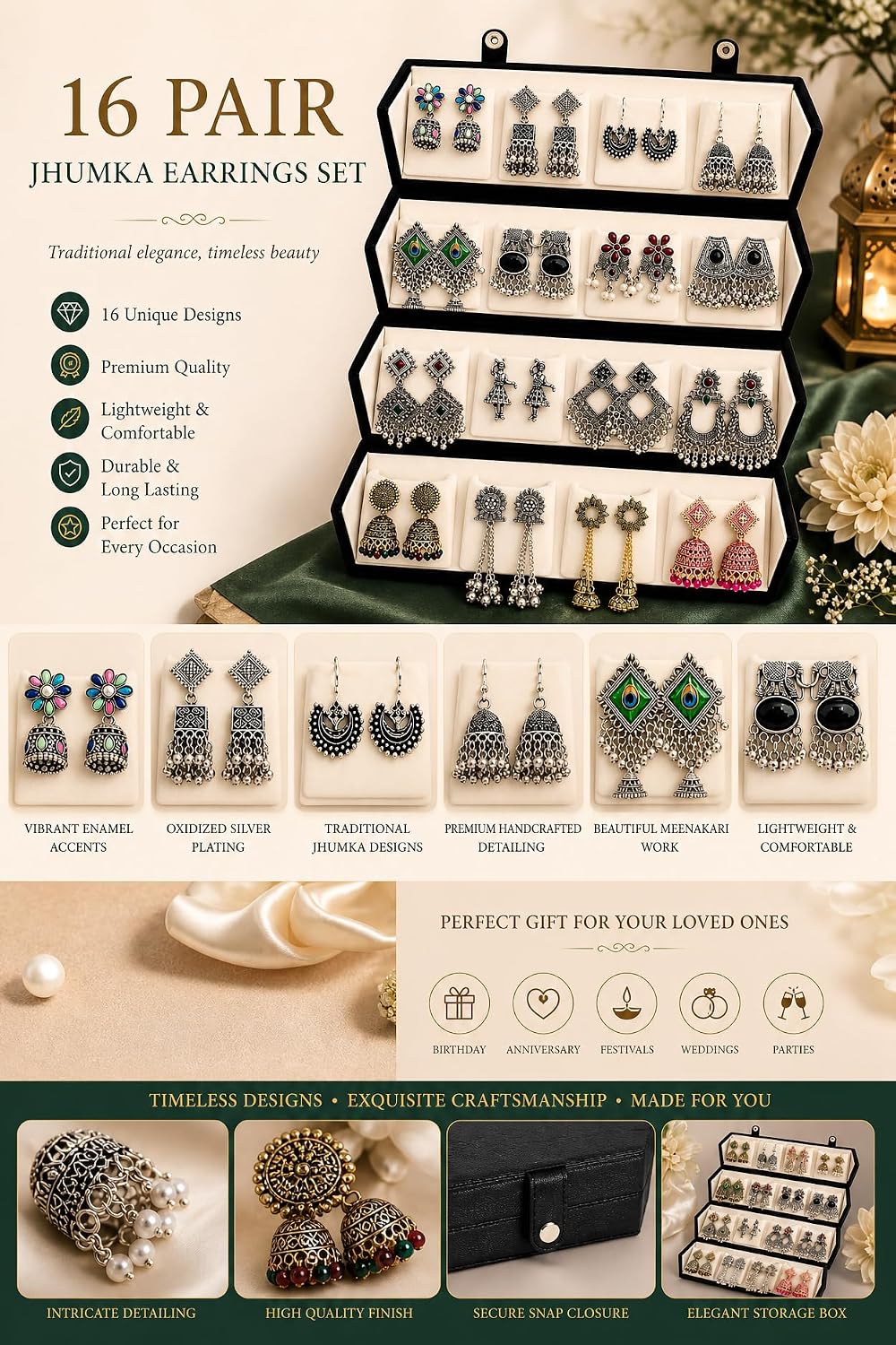 Set of 16 Oxidised Silver Jhumka Earrings for Women | Traditional Ethnic Jhumki, Chandbali & Stud Combo | Festive Wedding Jewellery Gift Hamper with Velvet Storage Box | 16 Pair Jhumka With Premium Box