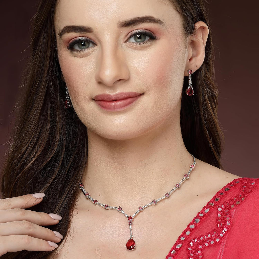 ZENEME Jewelry Luxury Green American Diamond Crytal Sleek Silver Plated Necklace Jewellery Set For Women & GIfts For Girls