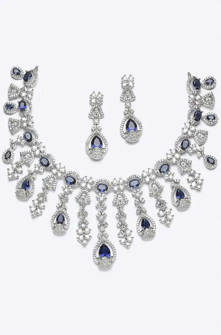 ZENEME Rhodium-Plated Silver-Toned Emerald-Cut American Diamond Floral Link Necklace Set with Pear Drop Earrings for Women & Girls