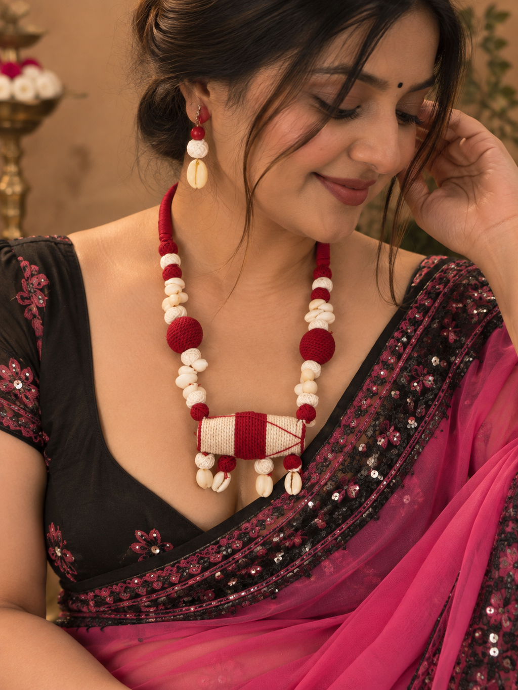 Dholak Necklace Set | Handmade Traditional Red & Cream Statement Jewellery