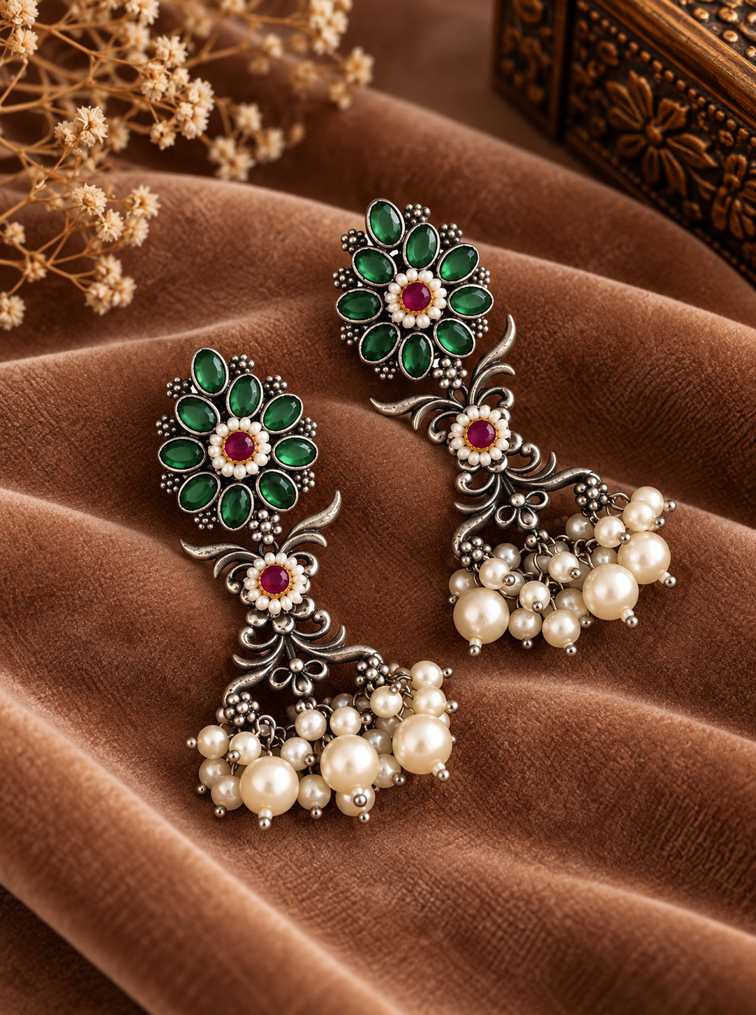 Green & Cherry Dual Tone Earring