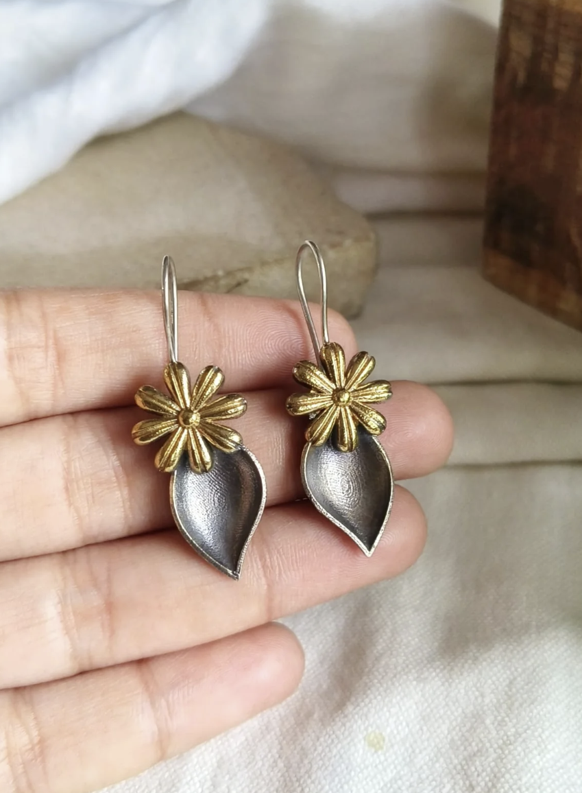 Oxidised Leaf Petal Drop Earrings