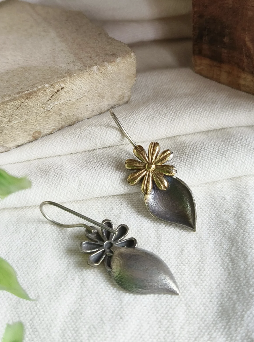 Oxidised Leaf Petal Drop Earrings