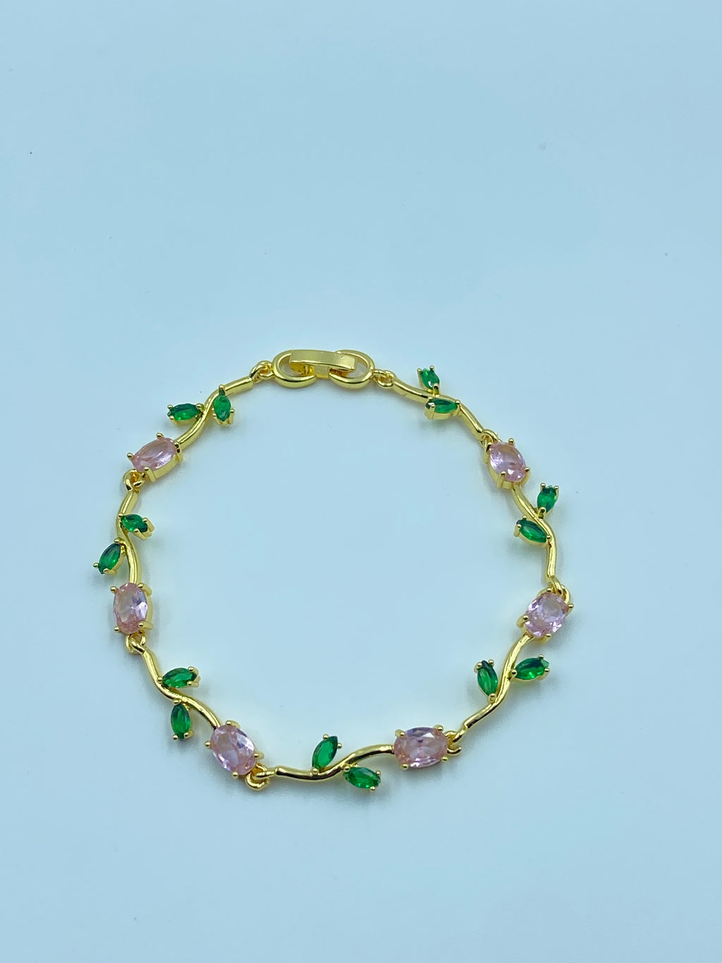 GOLD GREEN LEAF PINK TULIP BRACELET