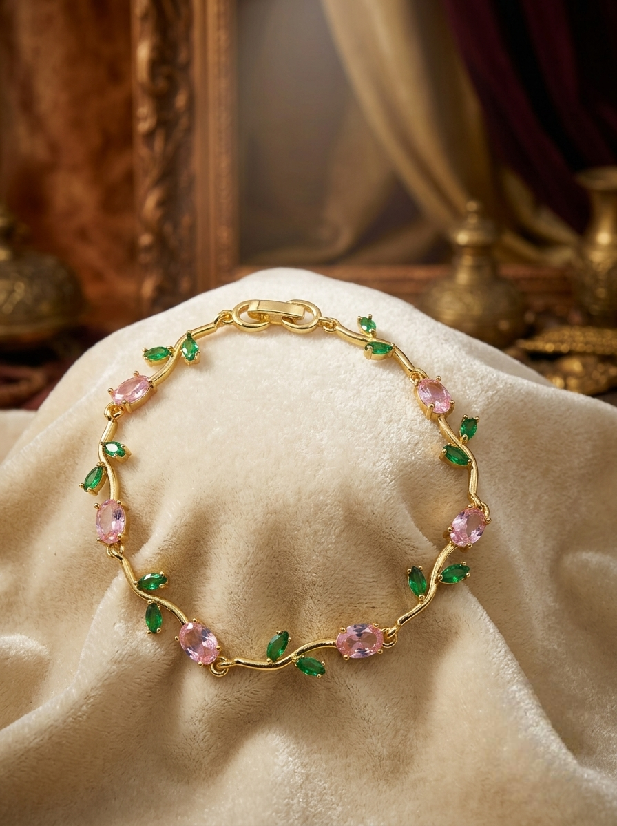 GOLD GREEN LEAF PINK TULIP BRACELET