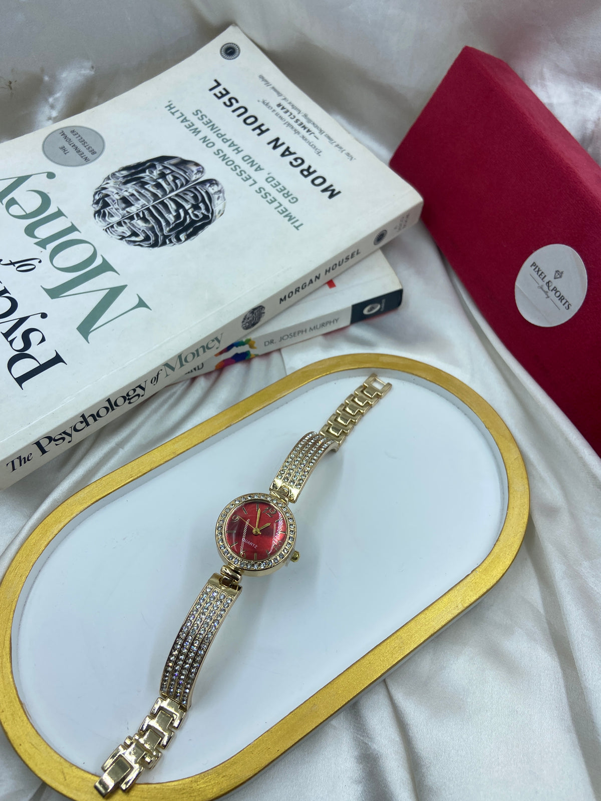 VINTAGE GOLD RED DIAL STONE WATCH
