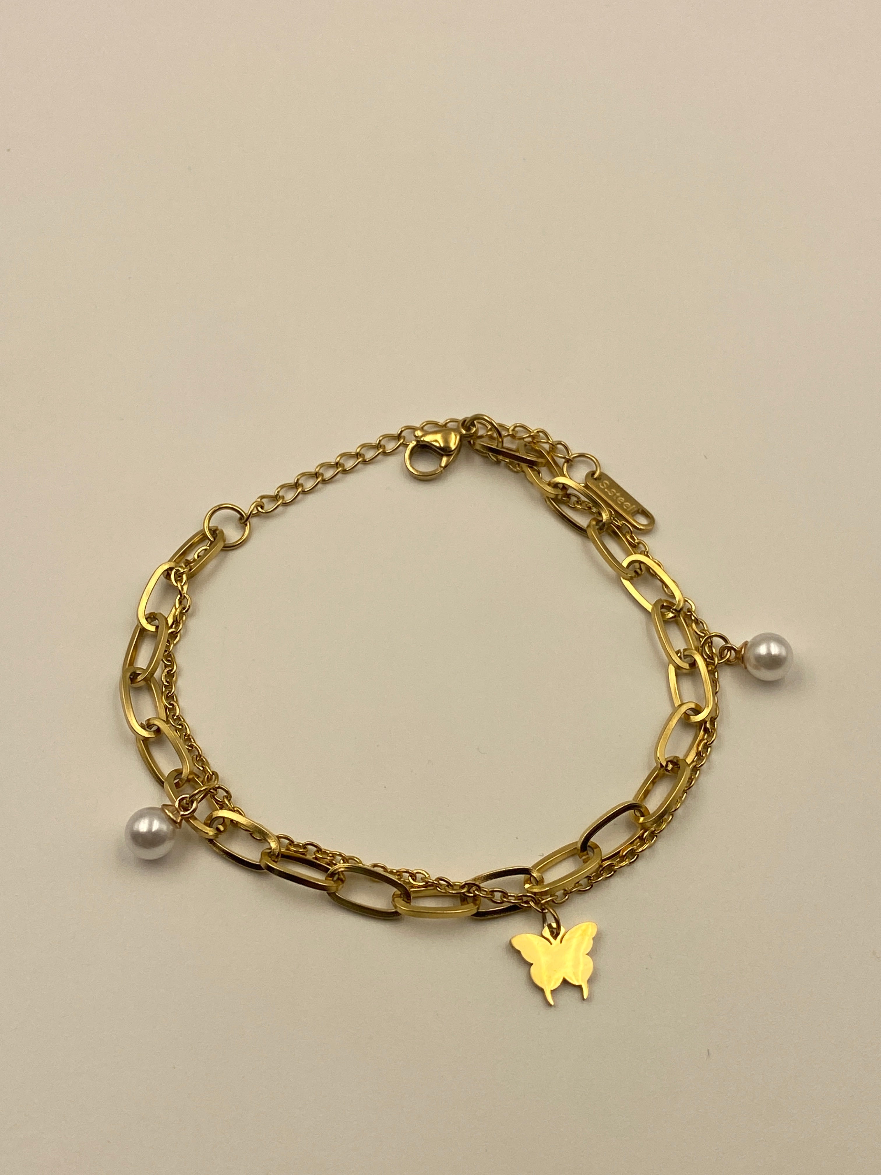 PAPERCLIP AND PEARL LAYERED BRACELET