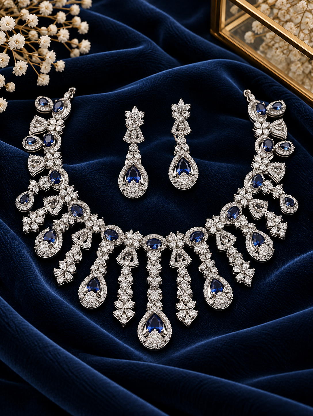 Rhodium-Plated Silver-Toned Emerald-Cut American Diamond Floral Link Necklace