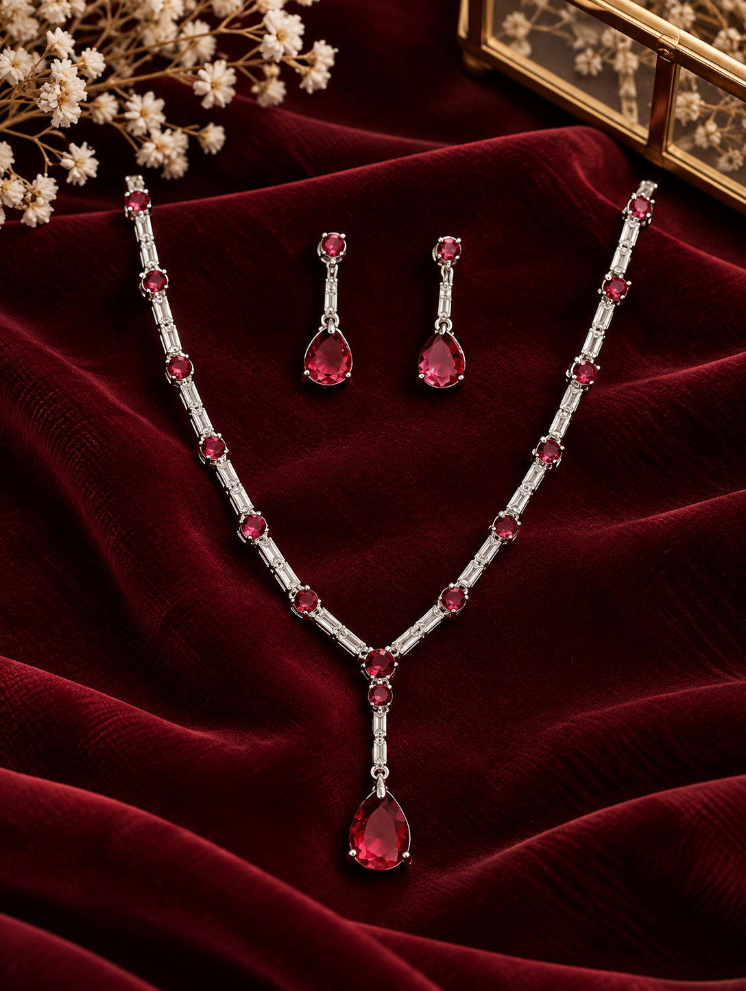 Luxury  American Diamond Crytal Sleek Silver Plated Necklace Jewellery Set