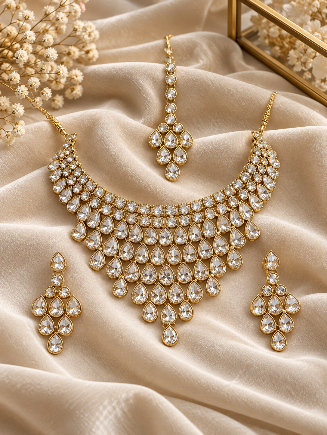 Traditional Gold Plated Stone Studded Bridal Choker Necklace Set Earrings