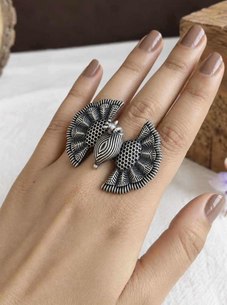 Bird Ring | Oxidized Silver Statement Ring