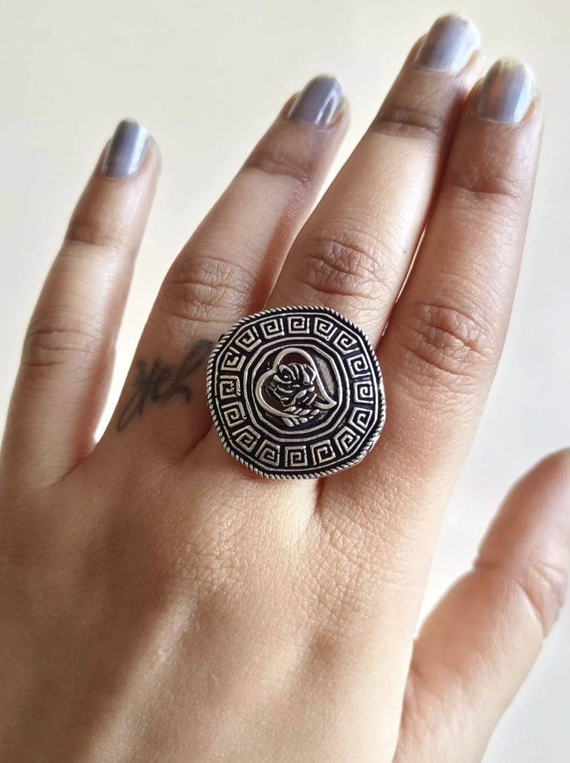 Big Circle Pattern Statement Ring – Intricate Silver-Tone Geometric Design