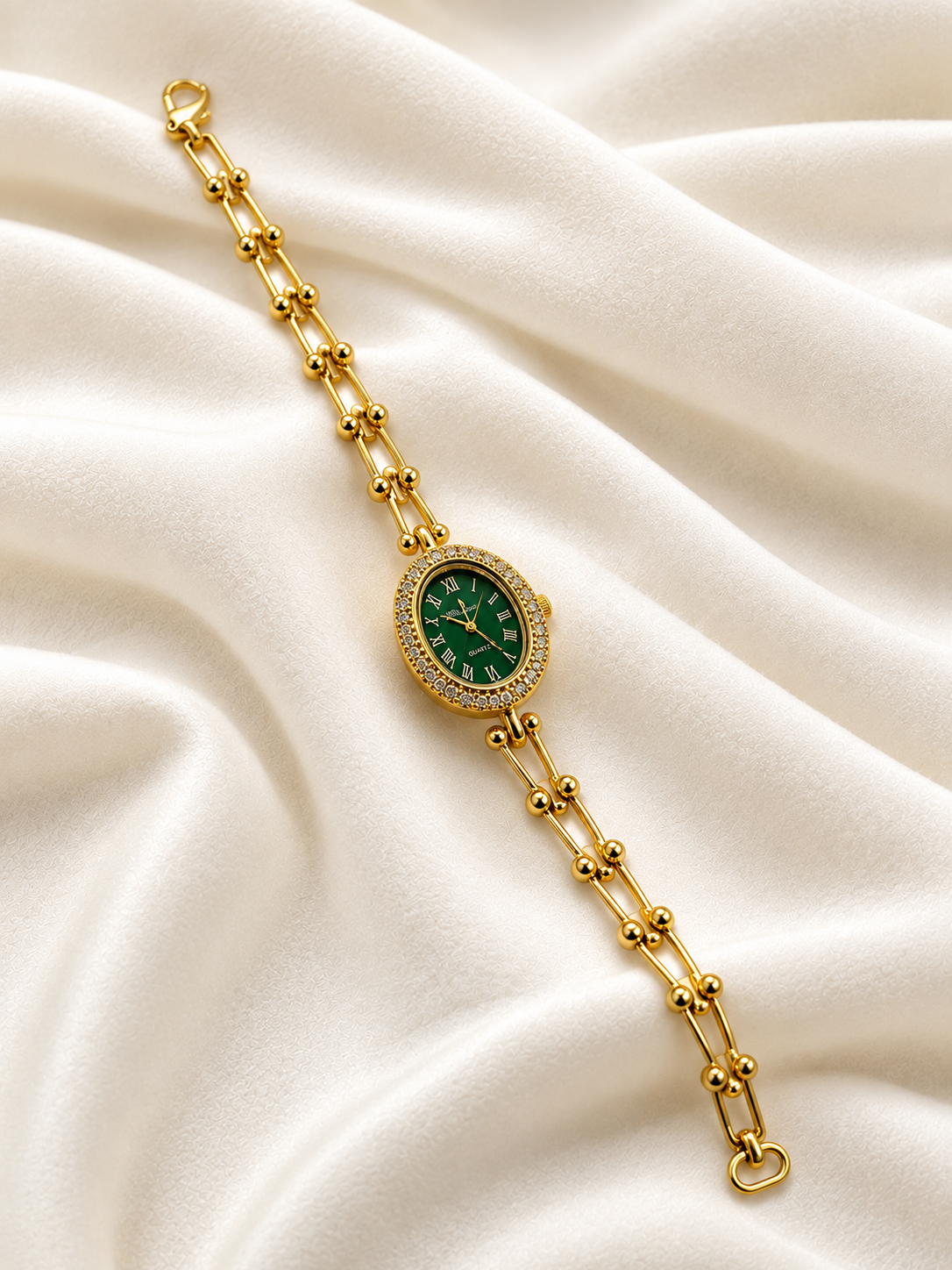 Élan Emerald Link Watch – Luxe Gold Bracelet with Green Dial