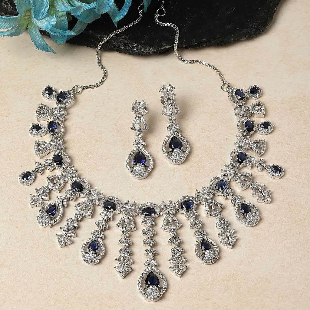 ZENEME Rhodium-Plated Silver-Toned Emerald-Cut American Diamond Floral Link Necklace Set with Pear Drop Earrings for Women & Girls