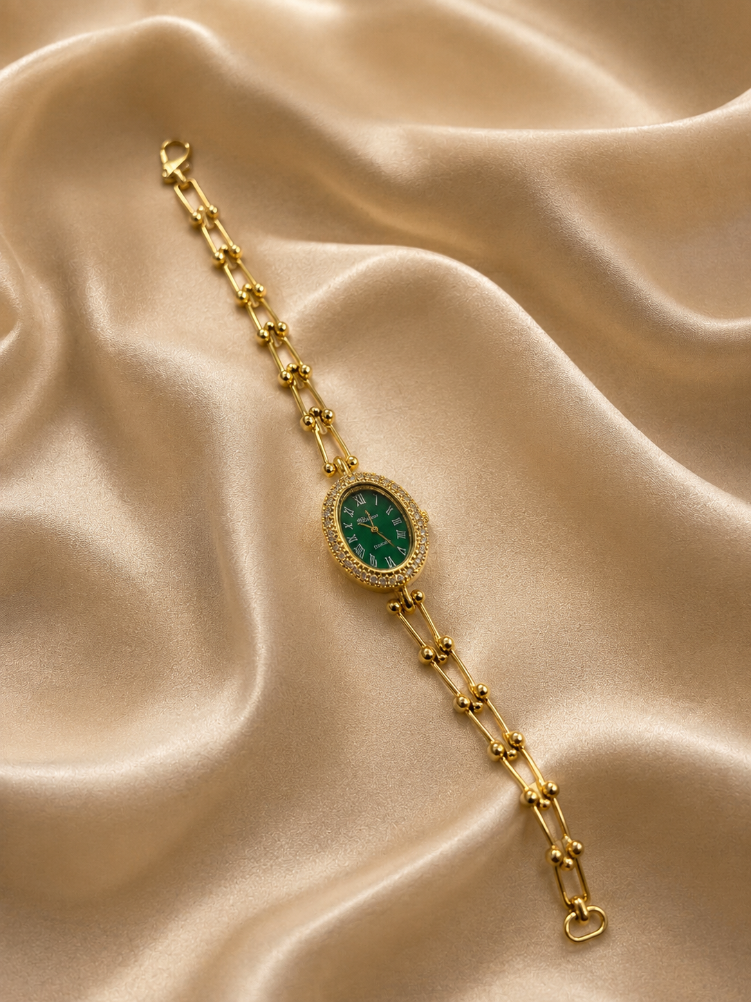 Élan Emerald Link Watch – Luxe Gold Bracelet with Green Dial