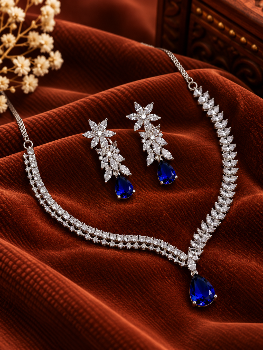 Elegant Silver Plated Blue American Diamond Necklace Set