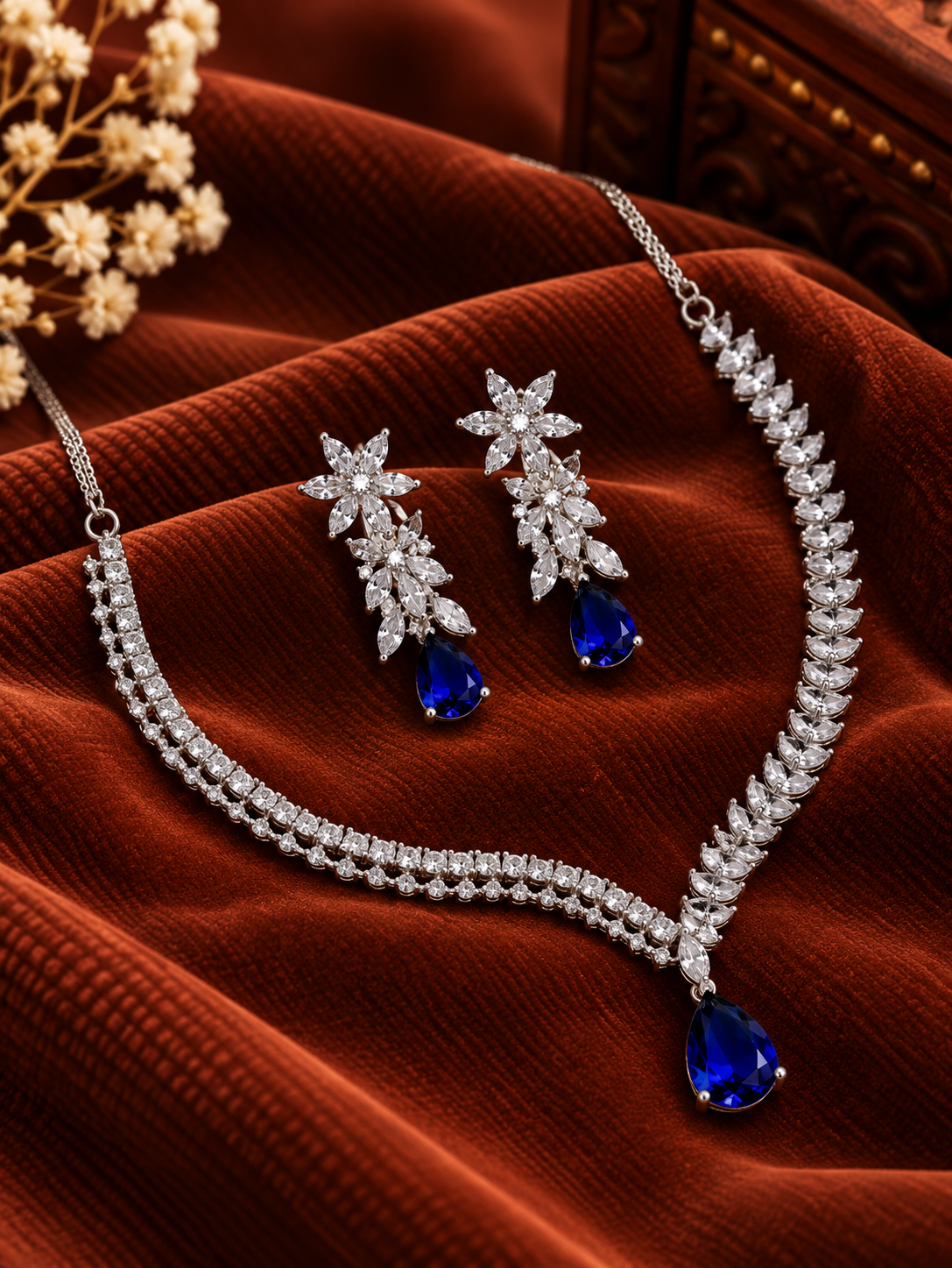 Elegant Silver Plated Blue American Diamond Necklace Set