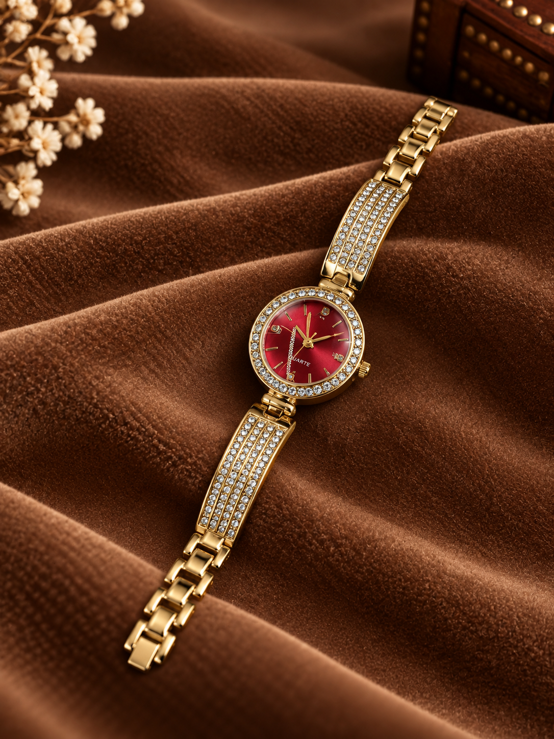 VINTAGE GOLD RED DIAL STONE WATCH